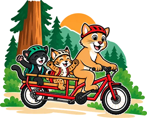 A mountain lion on a red cargo bike carrying two cheering cubs past the redwoods
