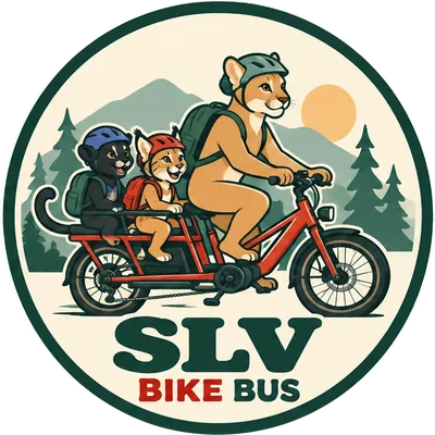 SLV Bike Bus logo: a mountain lion riding a cargo bike with two cubs
